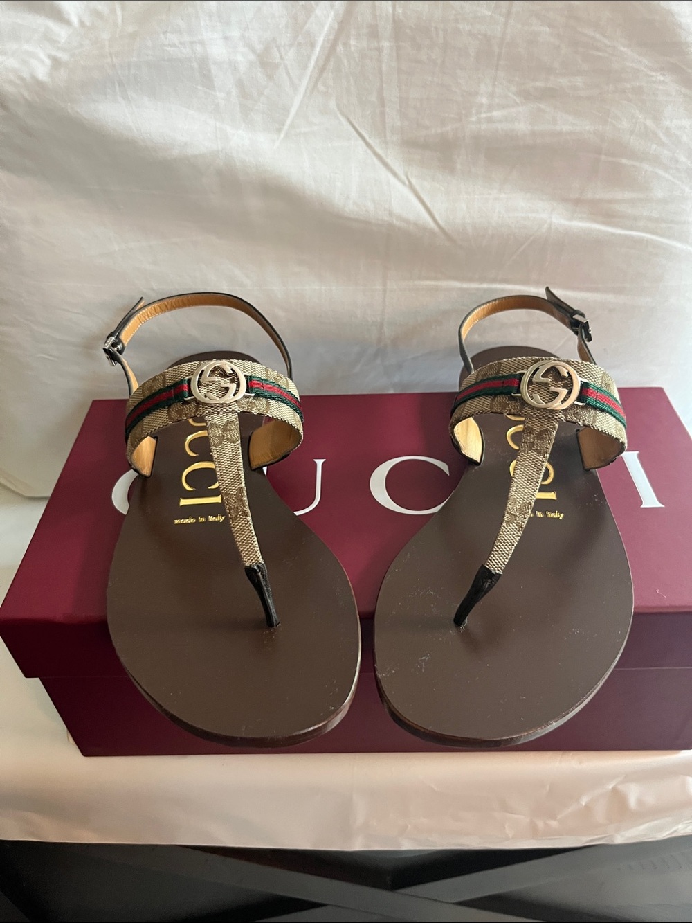 Gucci Brown Leather T-Strap Sandals with Green-Red Webbing and Silver Logo